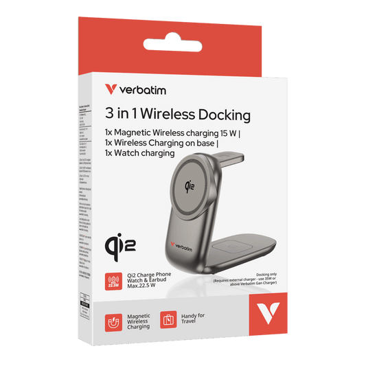 Verbatim Wireless Charger Qi2 3-in-1 Travel Docking - Desert Titanium