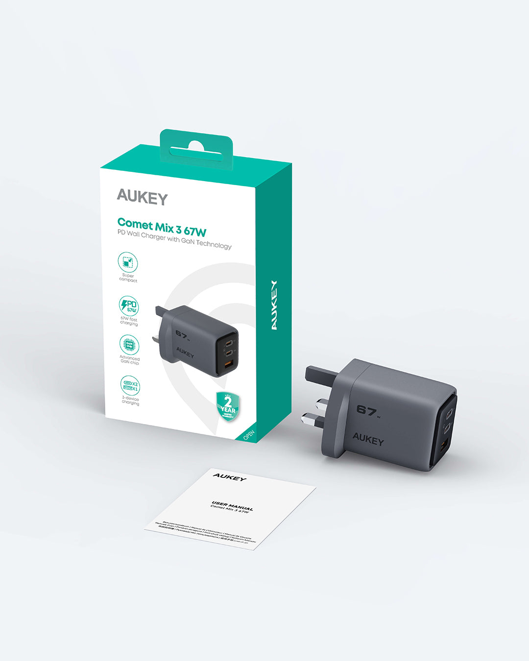 Aukey PA-C3 Comet 67W PD 2C1A Wall Charger - Grey