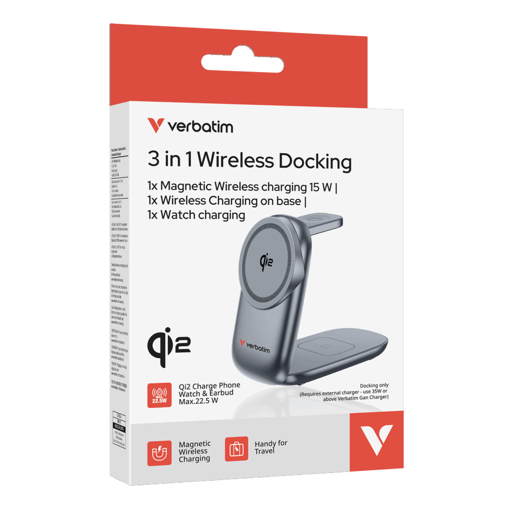 Verbatim Wireless Charger Qi2 3-in-1 Travel Docking - Black Titanium