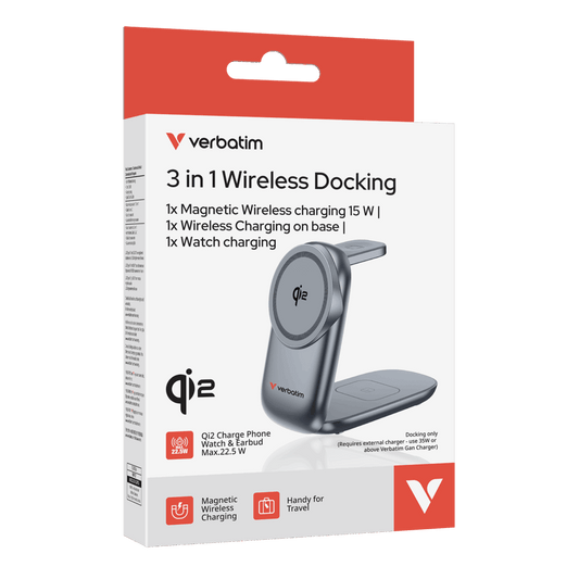 Verbatim Wireless Charger Qi2 3-in-1 Travel Docking - Black Titanium