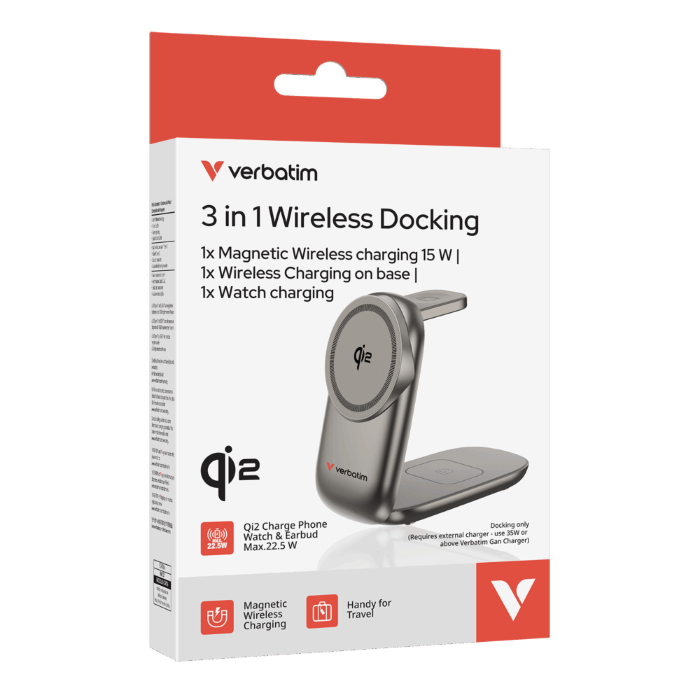 Verbatim Wireless Charger Qi2 3-in-1 Travel Docking - Desert Titanium