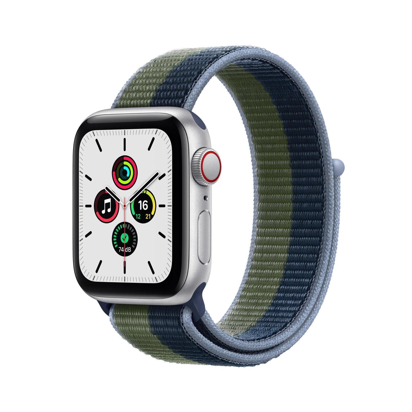 Apple Watch SE GPS + Cellular, 40mm Silver Aluminium Case with Abyss Blue/Moss Green Sport Loop