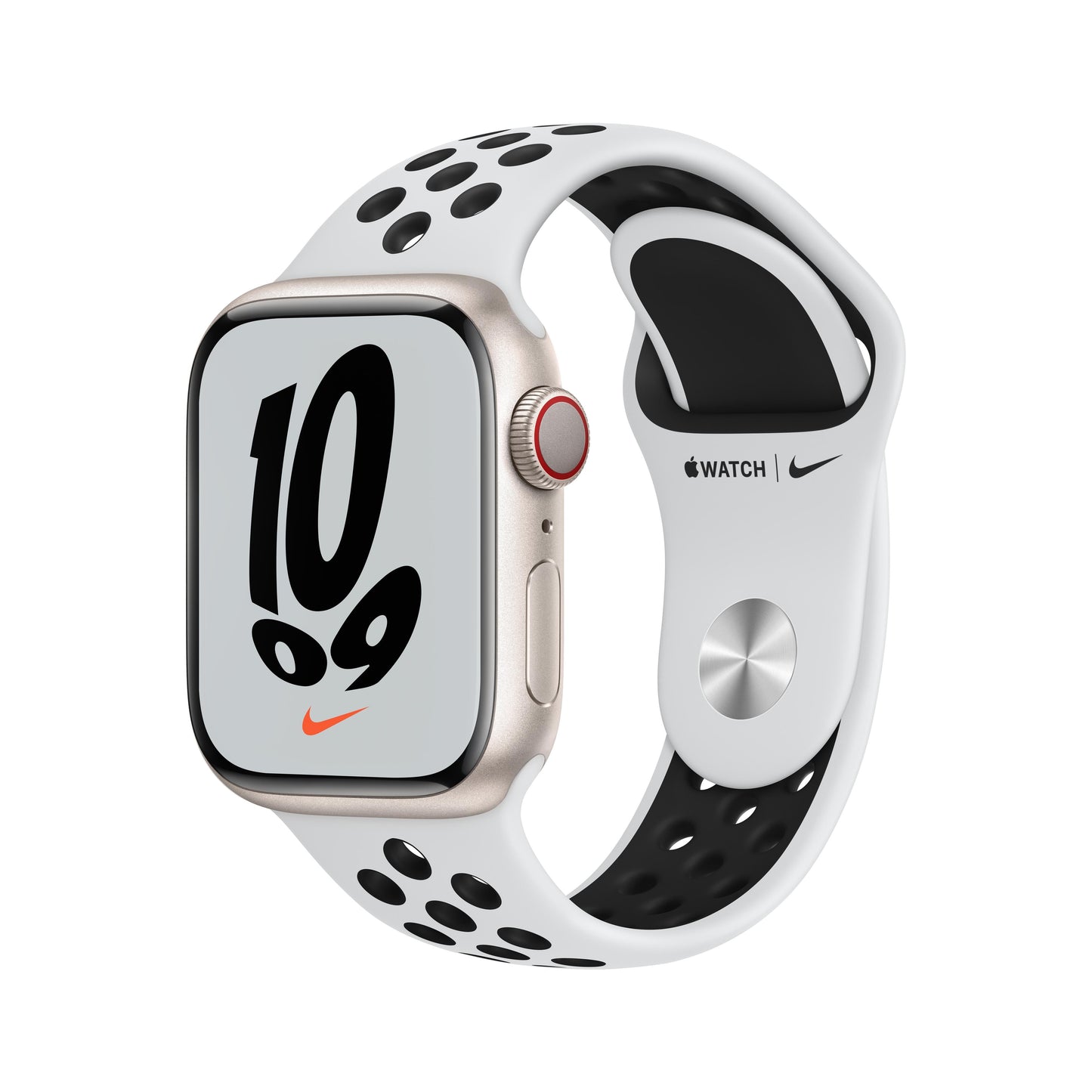 Apple Watch Nike Series 7 GPS + Cellular, 45mm Starlight Aluminium Case with Pure Platinum/Black Nike Sport Band - Regular